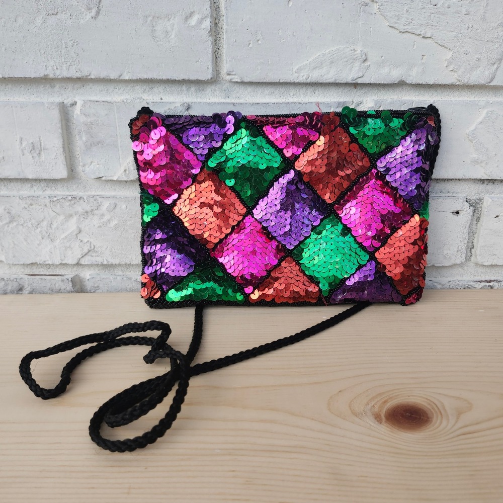 Vintage 80s Sequin & Beaded Evening Bag Festival Statement Purse Cross Body Bag‎